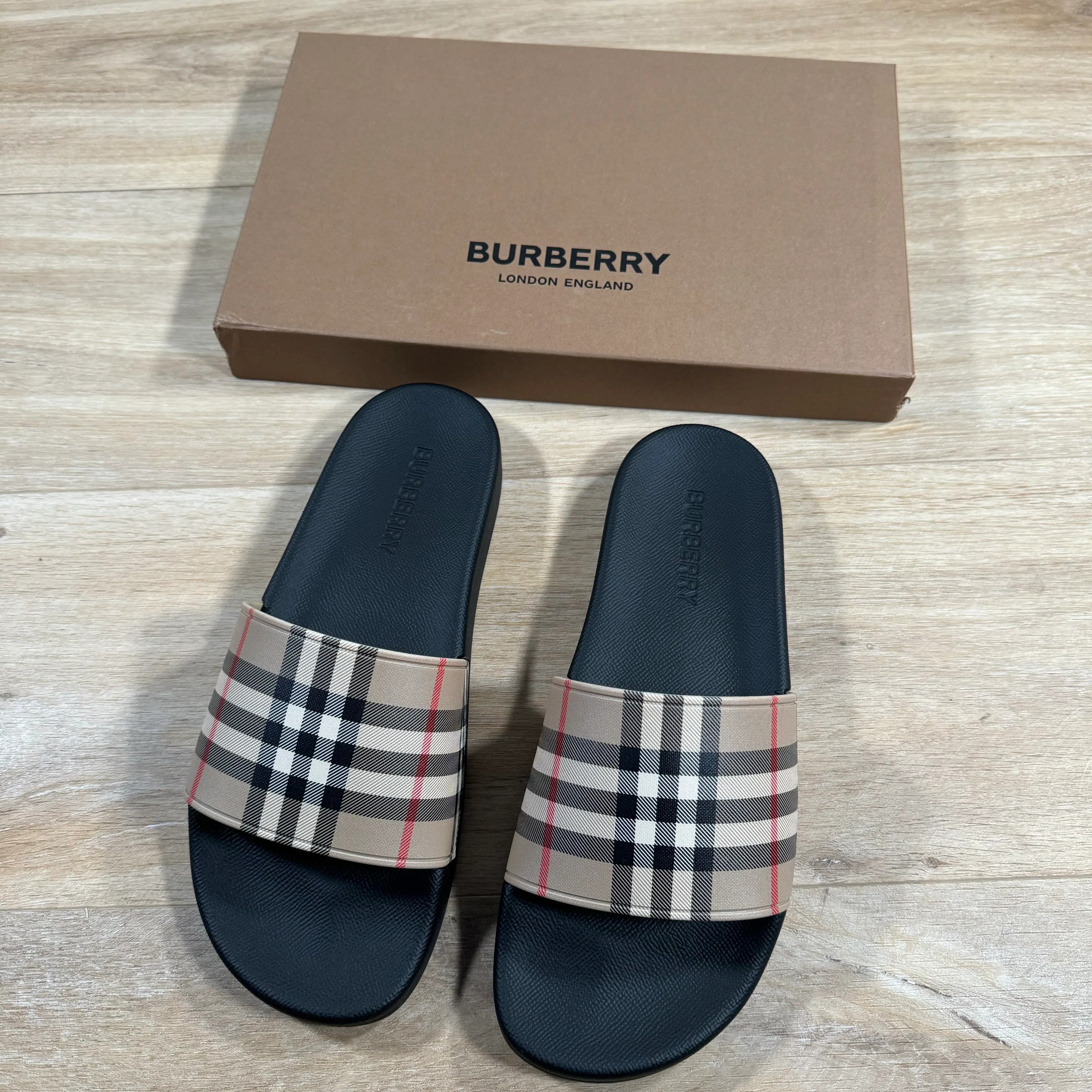 Burberry Furley Check Slides in Archive Beige - Image 2