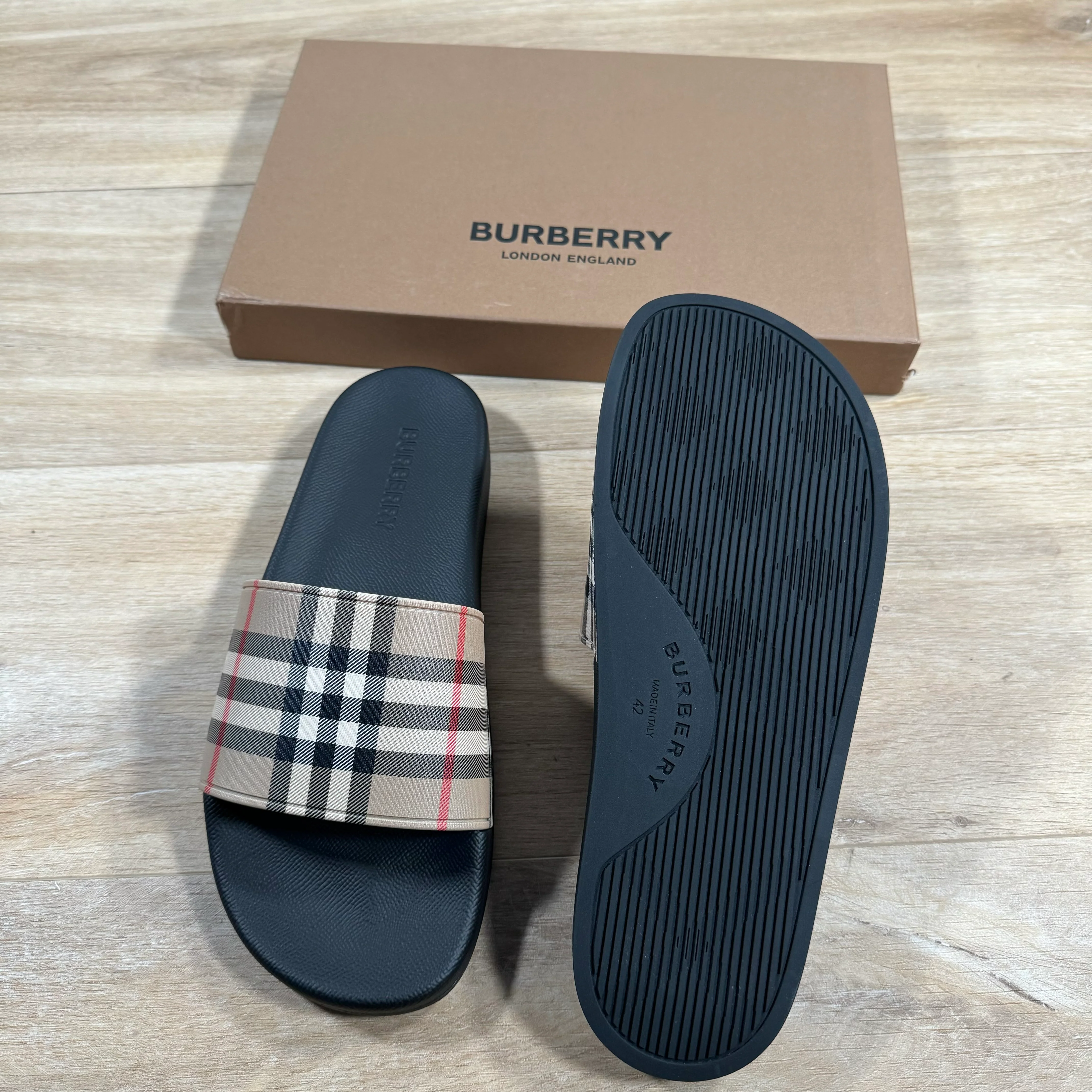 Burberry Furley Check Slides in Archive Beige - Image 3