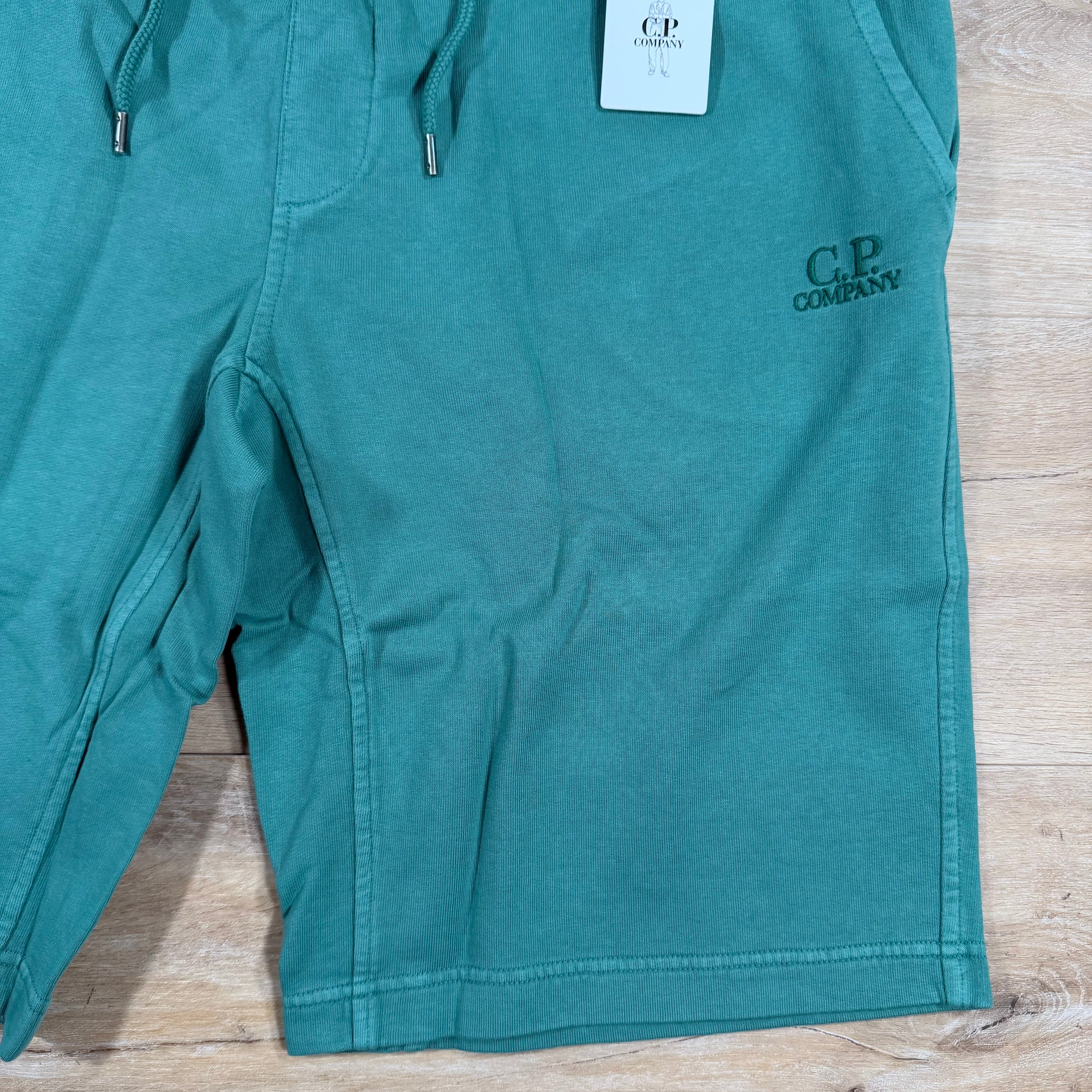 C.P. Company Cotton Fleece Logo Shorts in Frosty Spruce - Image 3