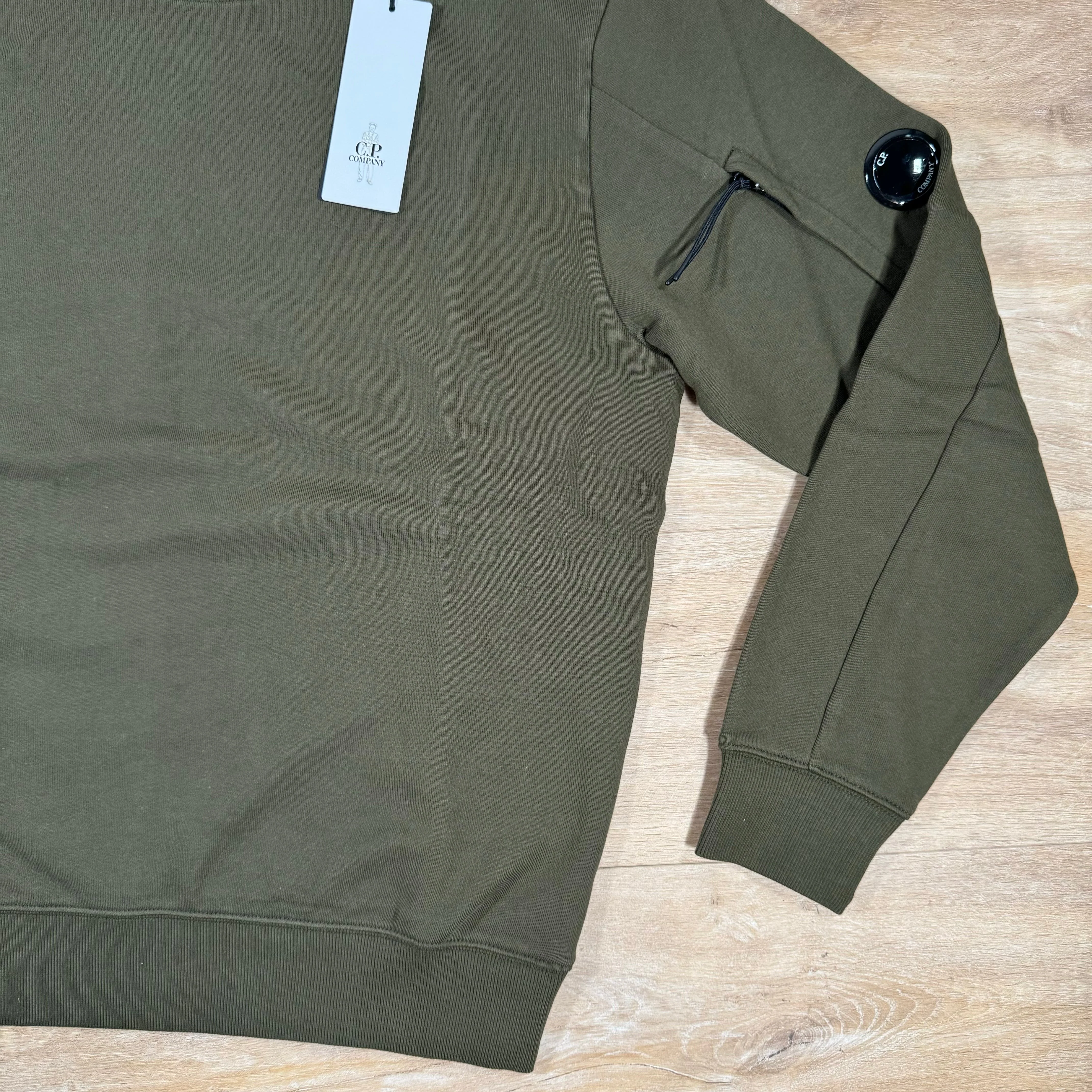 C.P. Company Diagonal Raised Fleece Crewneck Lens Sweatshirt in Ivy Green - Image 3