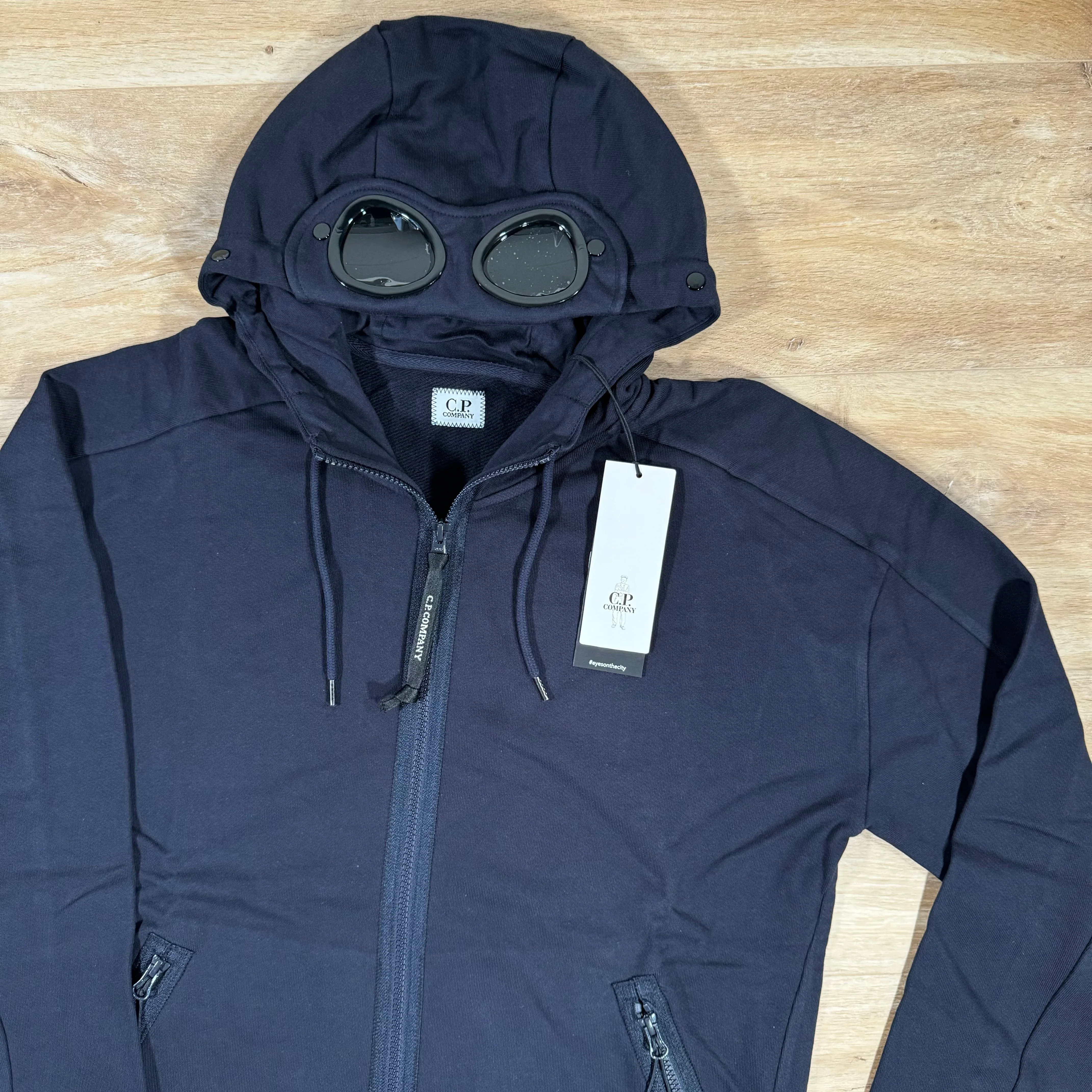 C.P. Company Diagonal Raised Fleece Goggle Hoodie in Navy - Image 2