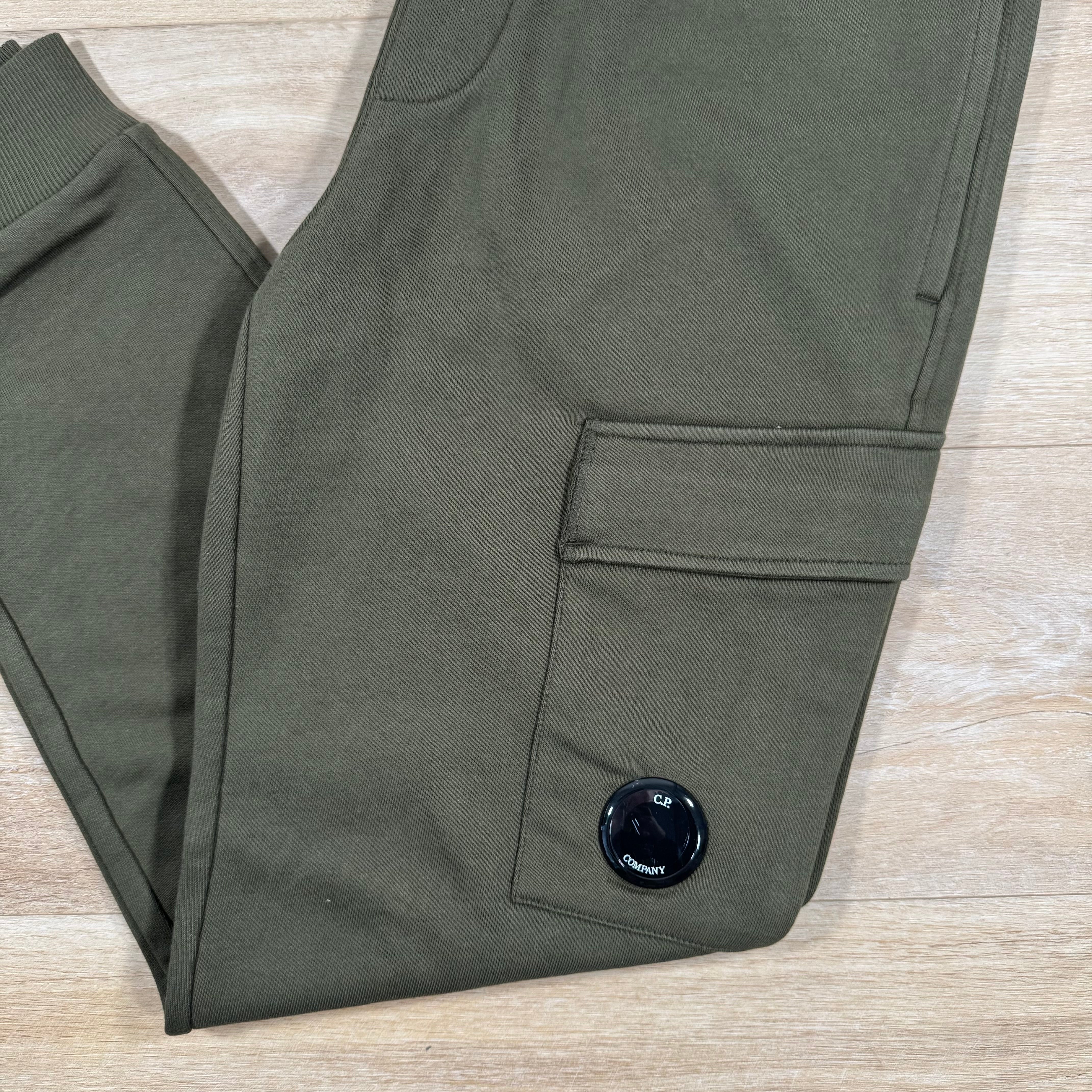 C.P. Company Diagonal Raised Fleece Lens Sweatpants in Ivy Green - Image 3