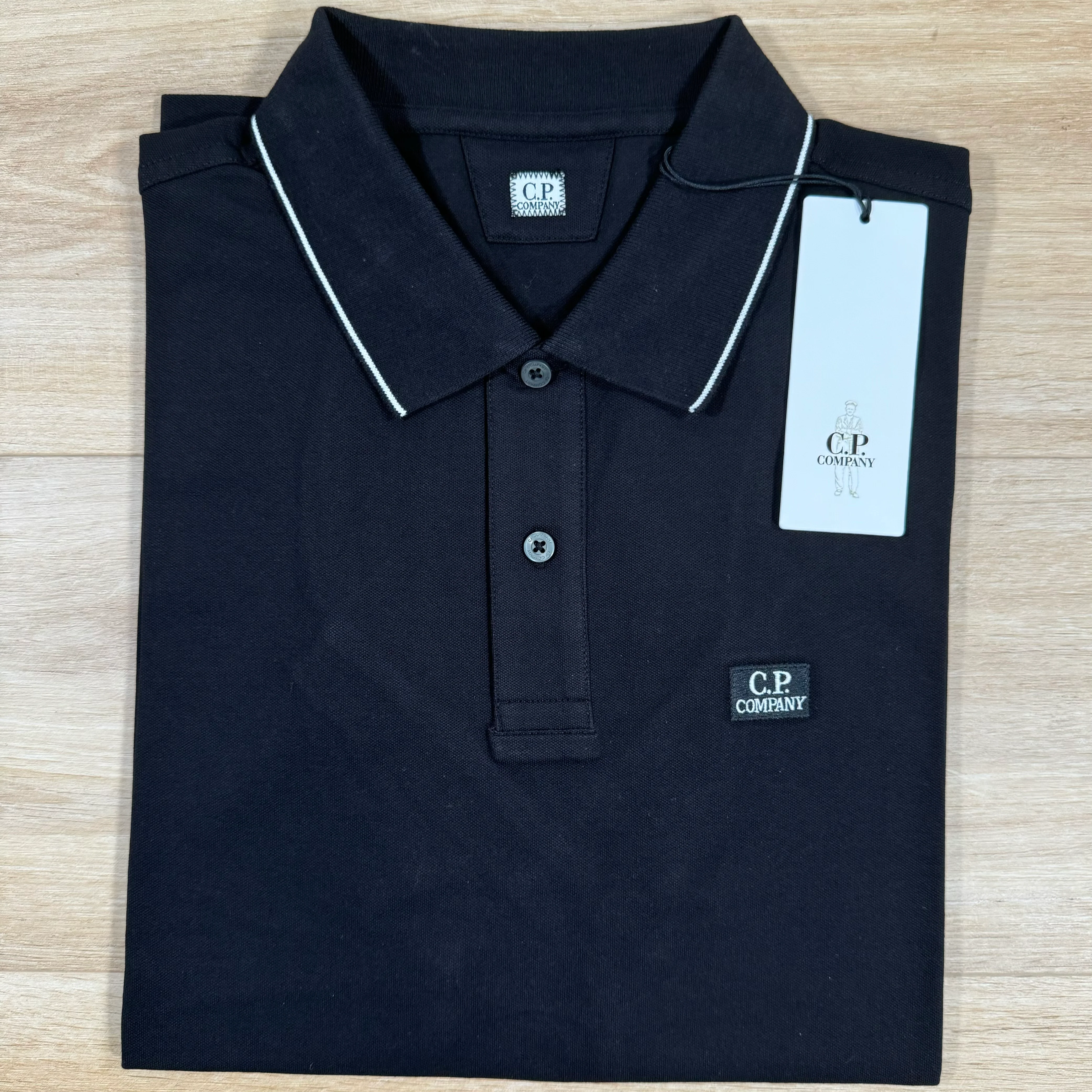 C.P. Company Stretch Piquet Striped Collar Polo Shirt in Black - Image 2
