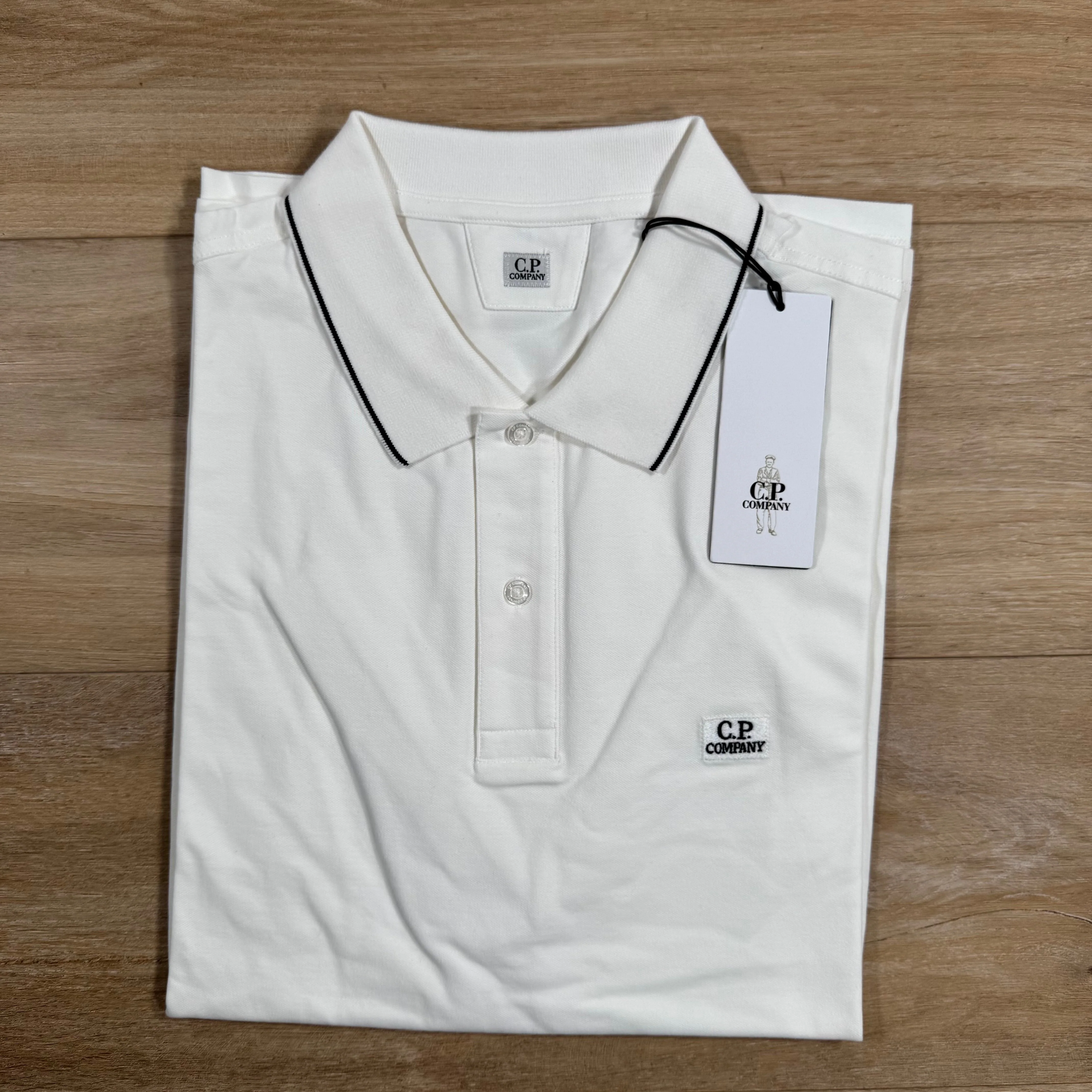 C.P. Company Stretch Piquet Striped Collar Polo Shirt in Gauze White - Image 2