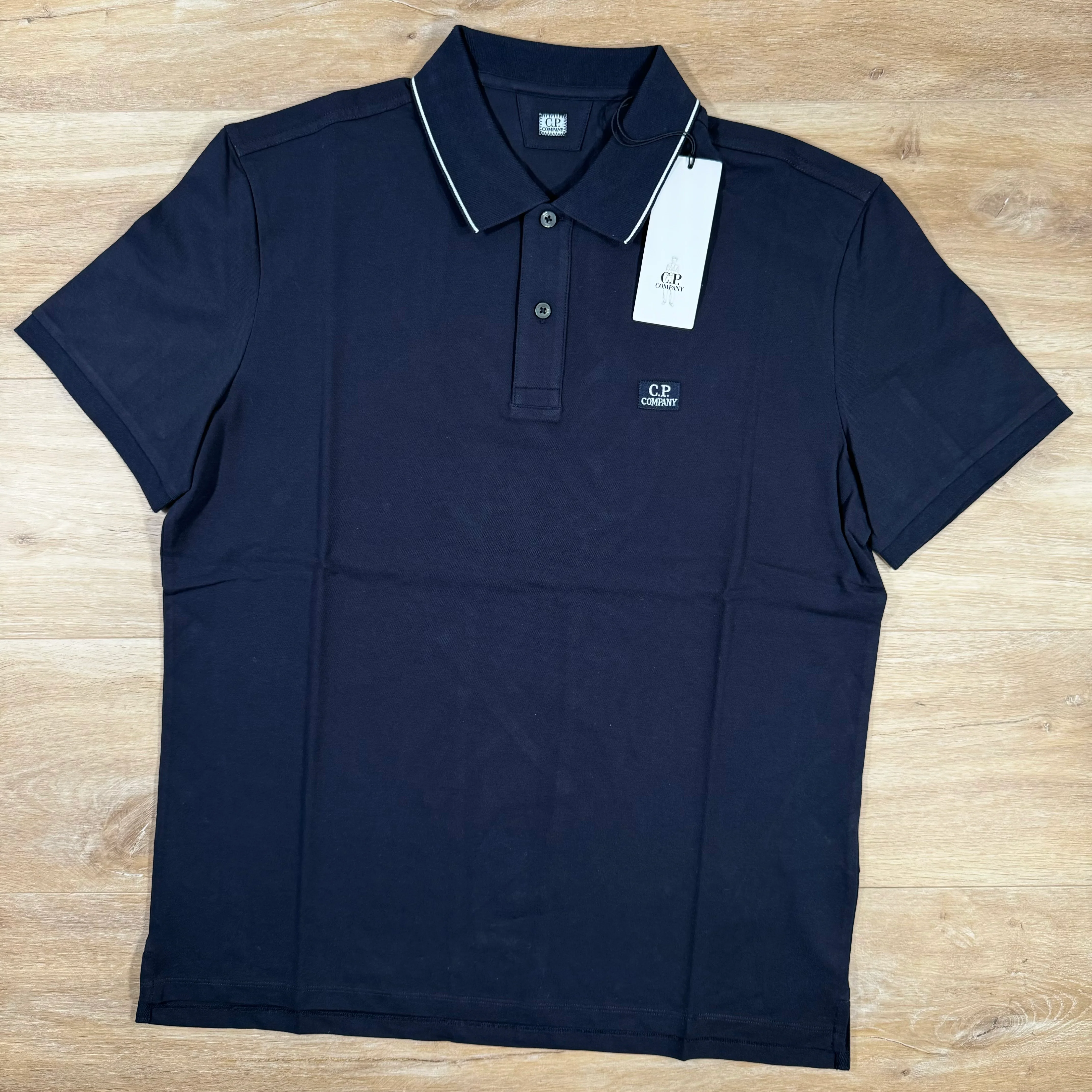 C.P. Company Stretch Piquet Striped Collar Polo Shirt in Navy