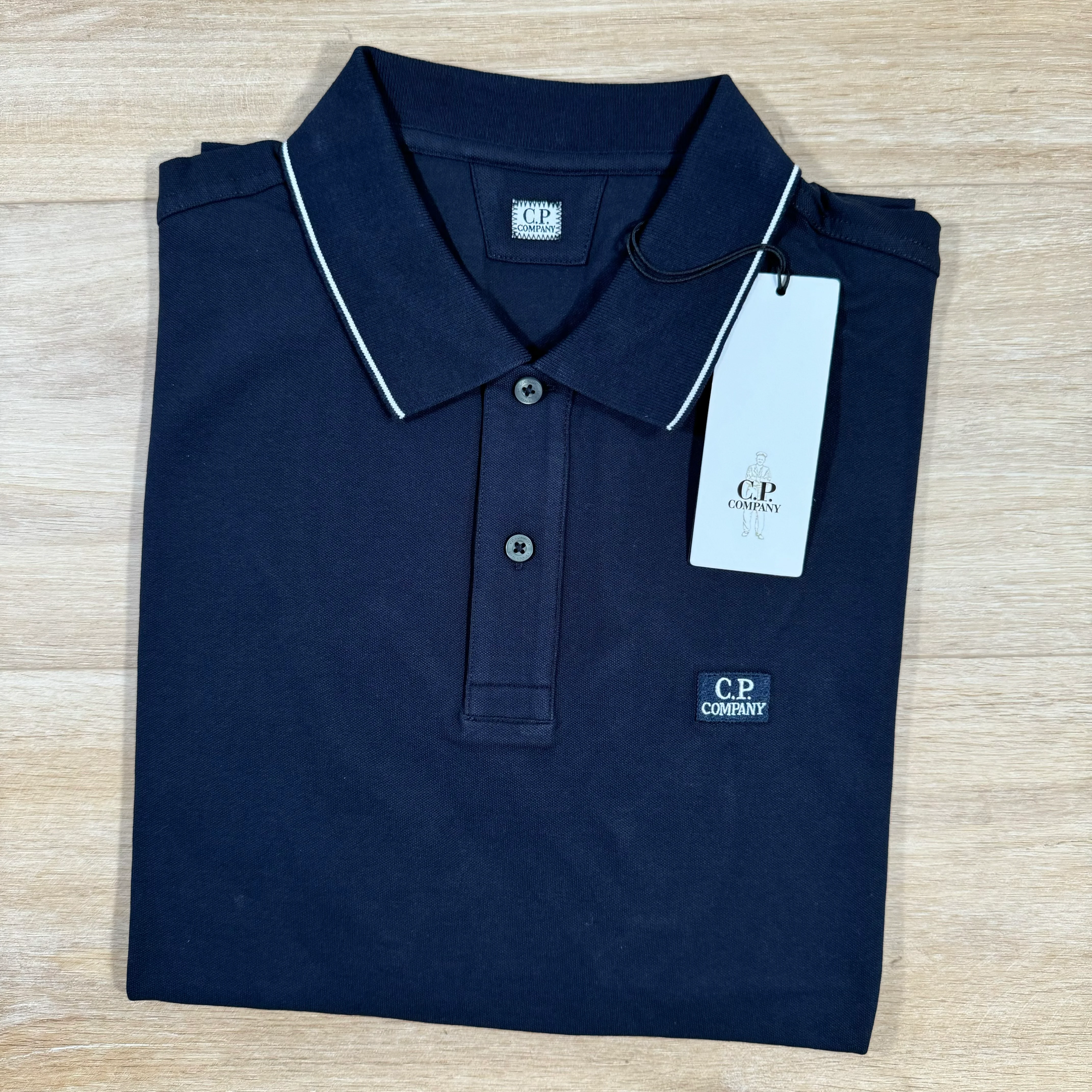 C.P. Company Stretch Piquet Striped Collar Polo Shirt in Navy - Image 2