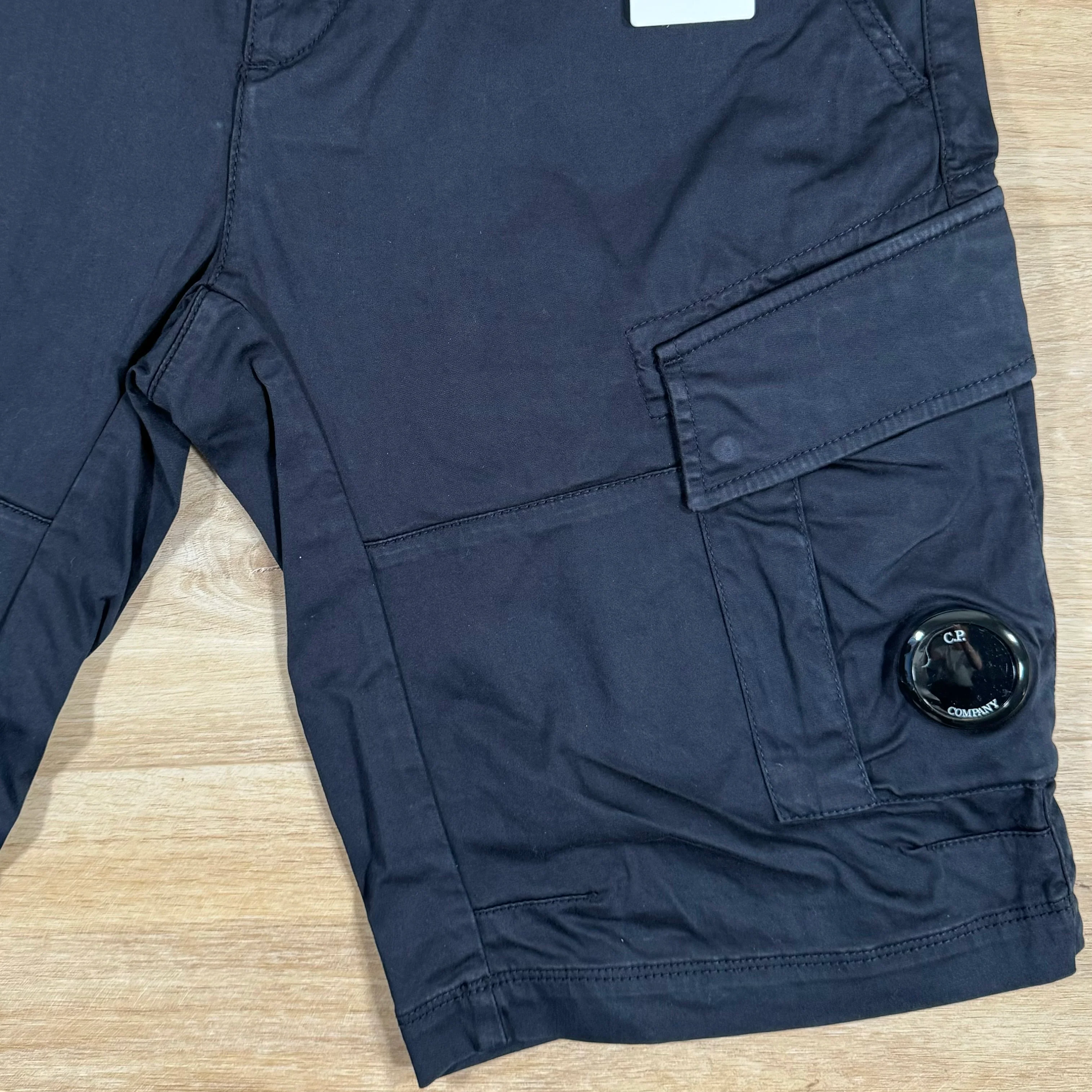C.P. Company Stretch Sateen Cargo Lens Shorts in Navy - Image 3
