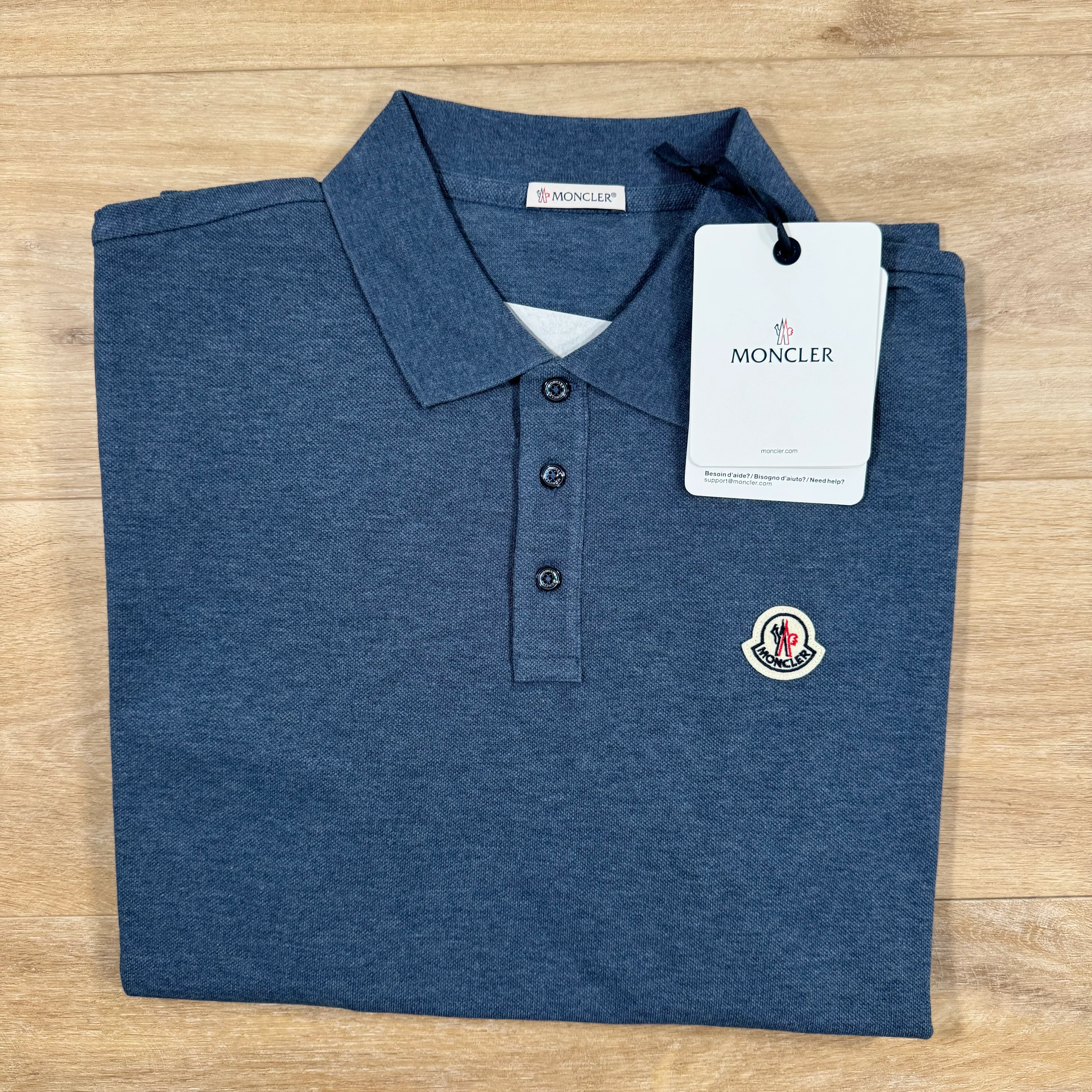 Moncler Striped Trim Cotton Piquet Polo Shirt in Dusty Blue - Image 3