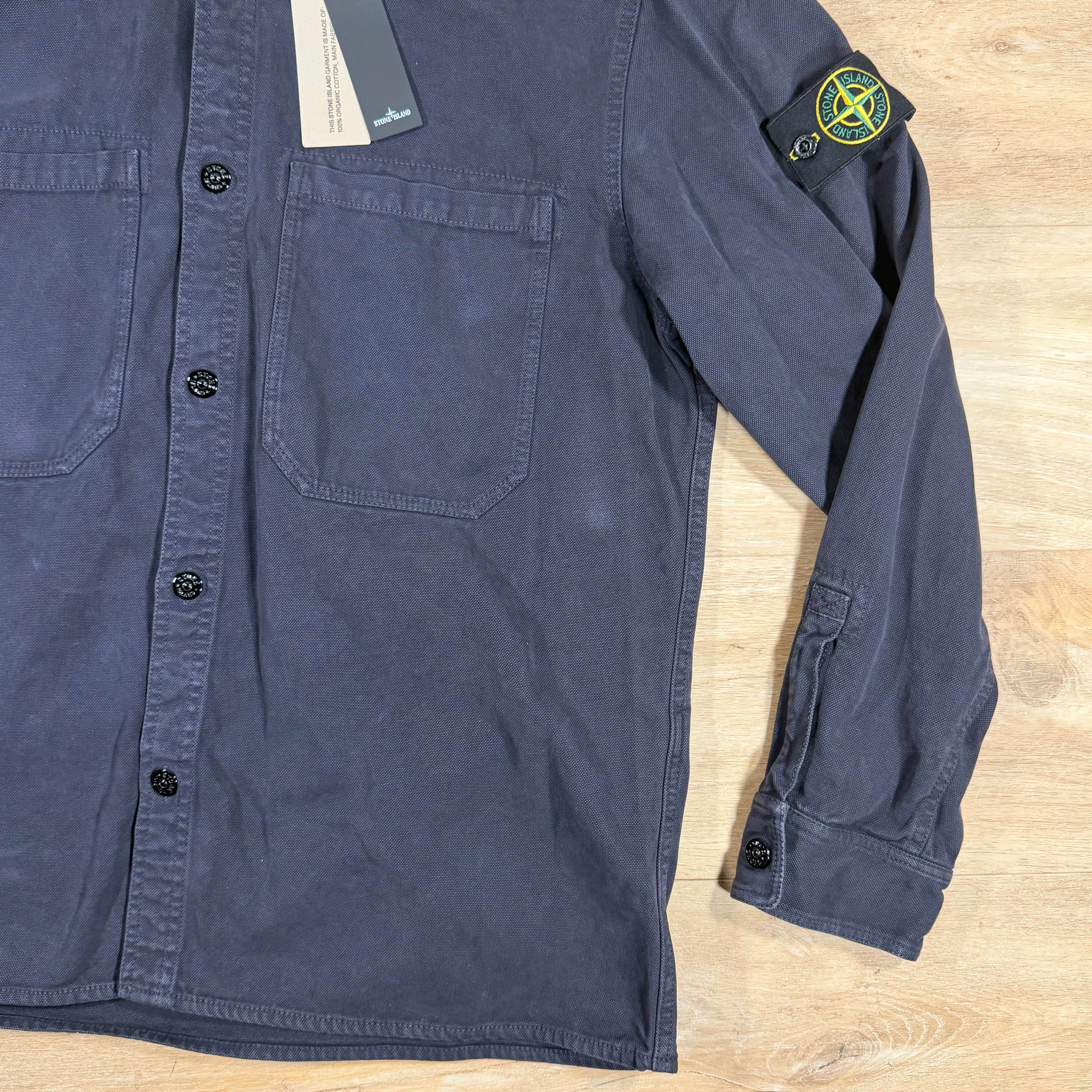 Stone Island Organic Panama Cotton Old Effect Overshirt in Ink Blue - Image 3